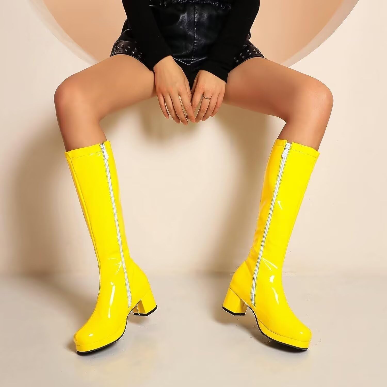 Agodor Women's 70's Gogo Boots For Women Low Block Heel Chunky Knee High Platform Boots with Zipper Disco Costume Tall Boot