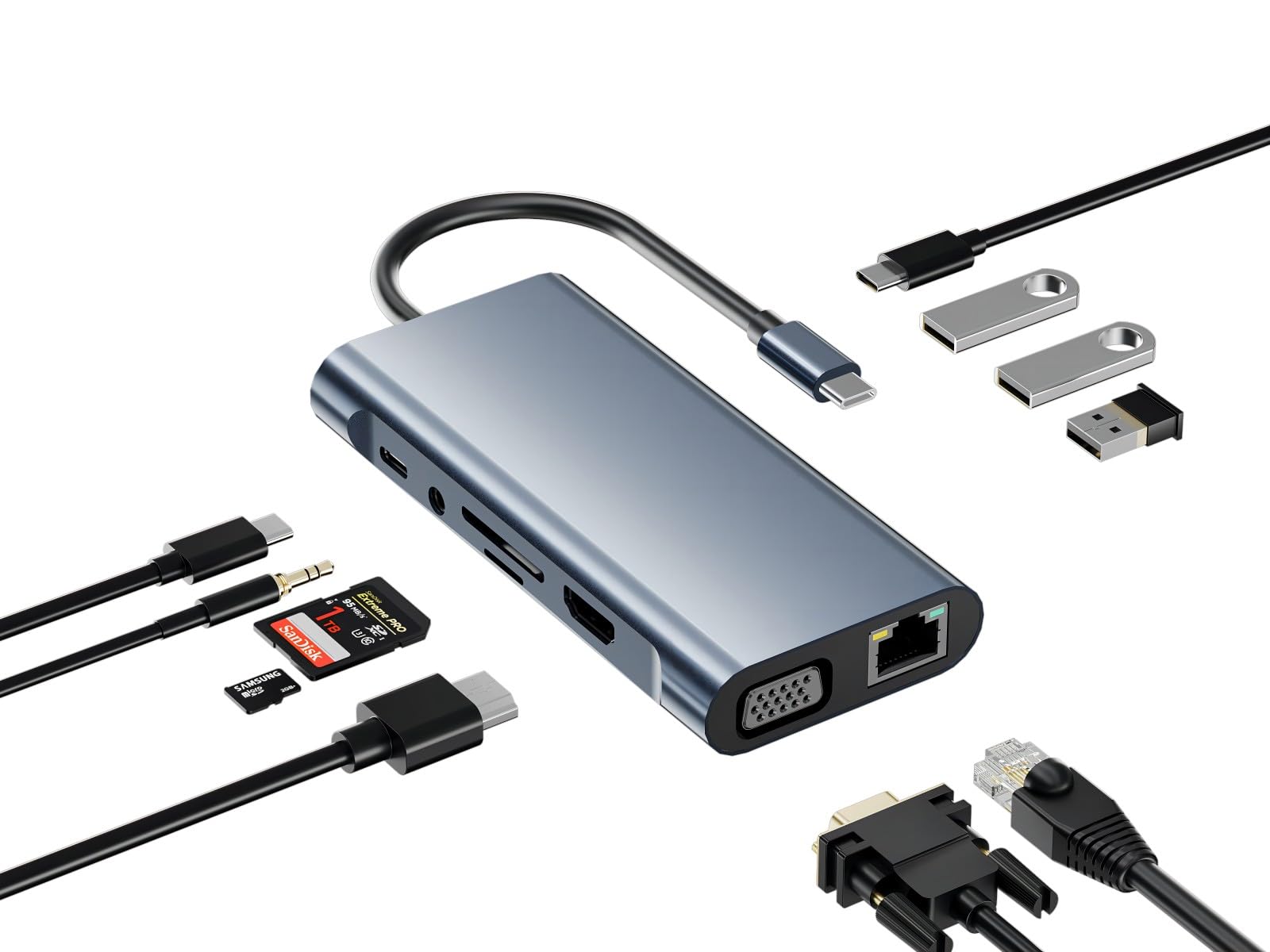 Hub USB C, adattatore USB C 11 in 1 docking station con HDMI 4K, VGA, 100W PD, USB3.0/2.0, RJ45 Gigabit Ethernet, lettore di schede SD/TF, audio da 3,5 mm, compatibile con MacBook Pro/Air, altri