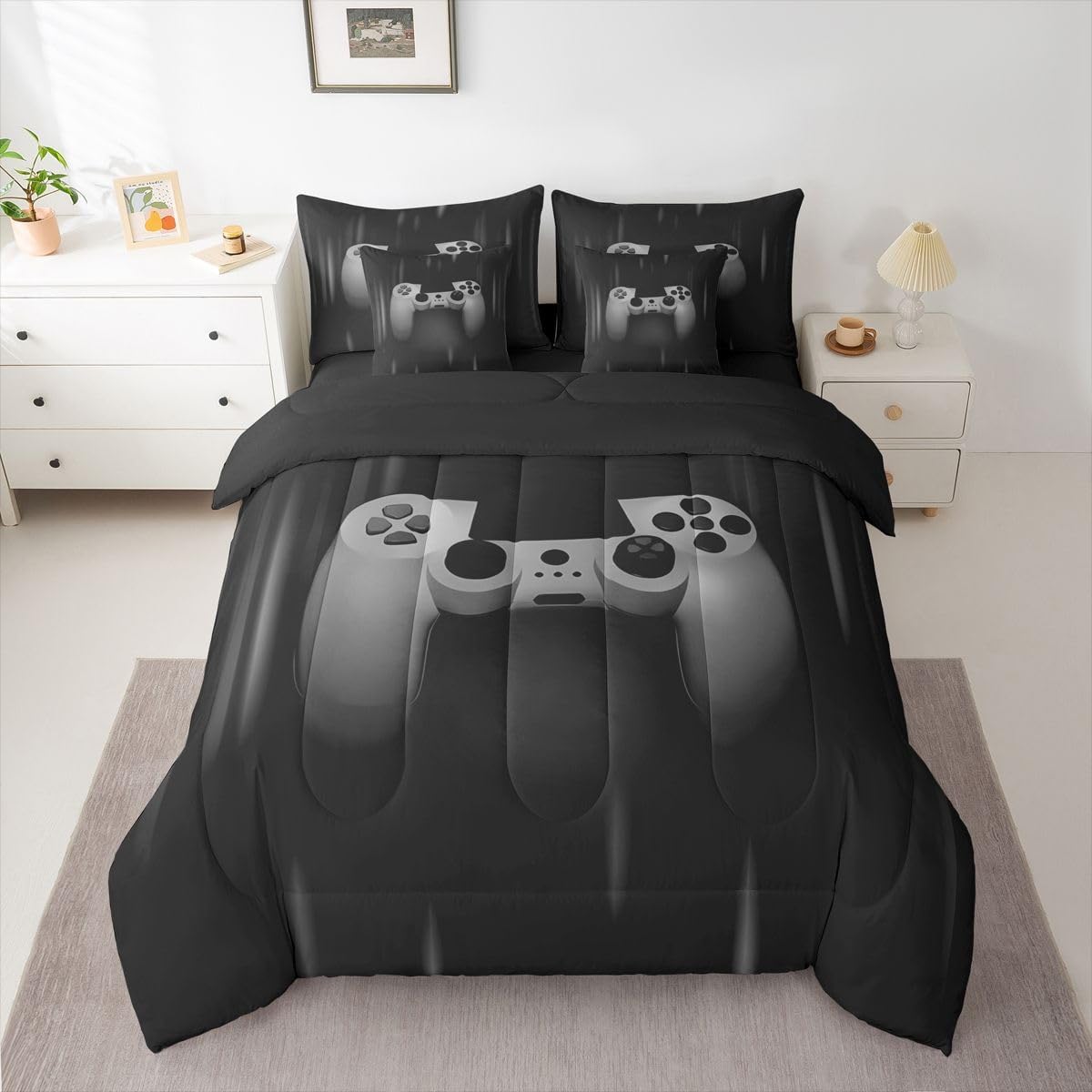 Feelyou Full Size Gamer Comforter Set Boys Gaming Bedding Set for Kids Teens Gray Black Video Game Gamepad Bed in a Bag Soft 7 Piece Bed Set Includes Comforter, Sheet Set, Pillowcases, Pillow Covers