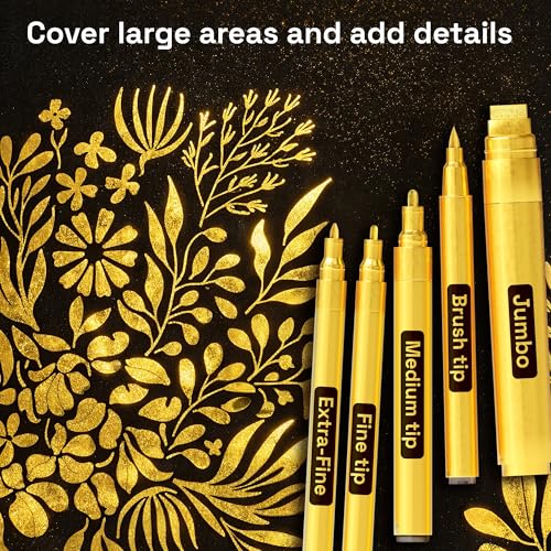 Image of ARTISTRO 5 Gold Paint Pen for Rock, Glass, Ceramic, Wood, Tire, Fabric, Metal, Canvas, Marking, Painting - Set of 5 Acrylic Paint Markers Water-based - Different Tips