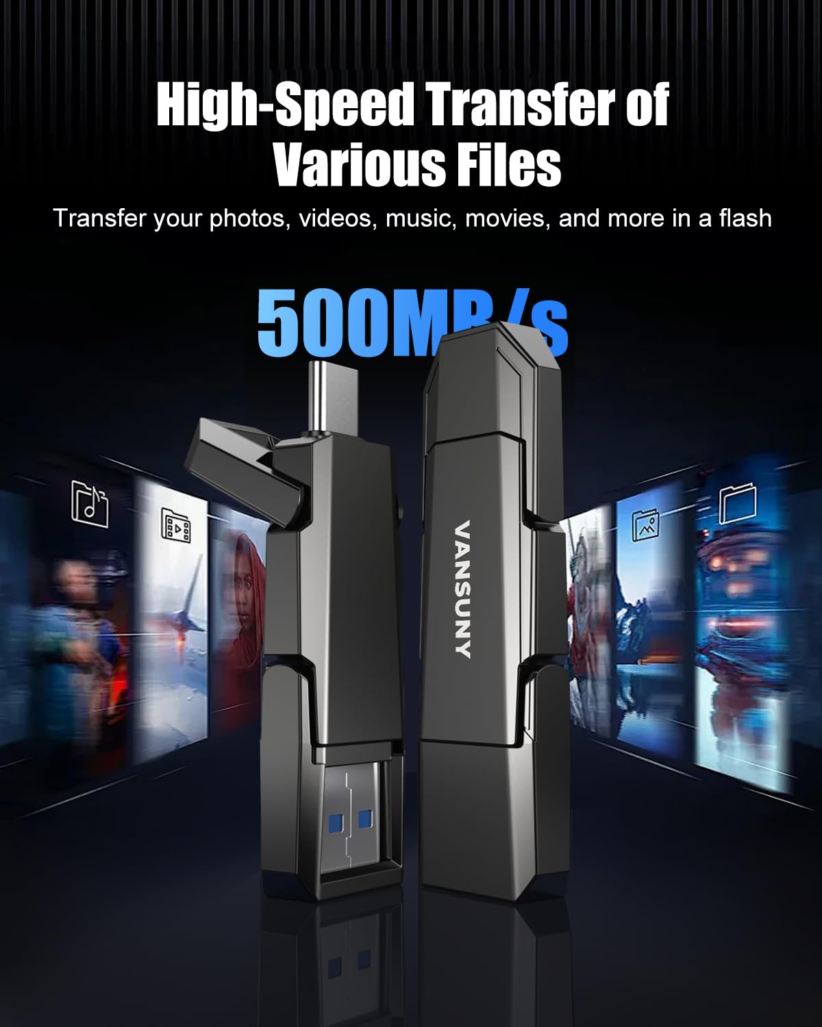 Vansuny Hard disk esterno portatile da 1 TB fino a 500 MB/s USB a stato solido USB 3.2 Dual SSD per telefono Android Tablet Laptop MacBook PC