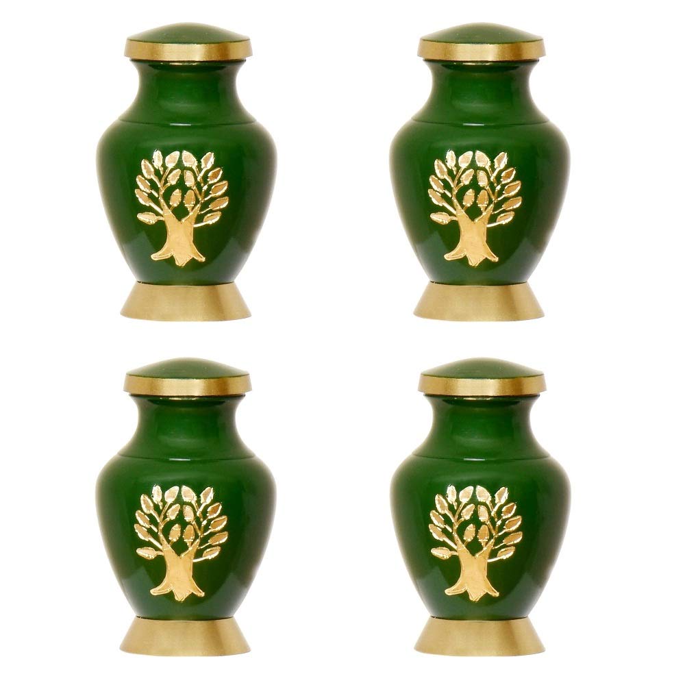 Simcs Handicrafts Set of 4 Piece Green Tree of Life Small Keepsake Cremation Urns for Human Ashes Adult Miniature Funeral Urn for Token Ashes with Velvet Bag