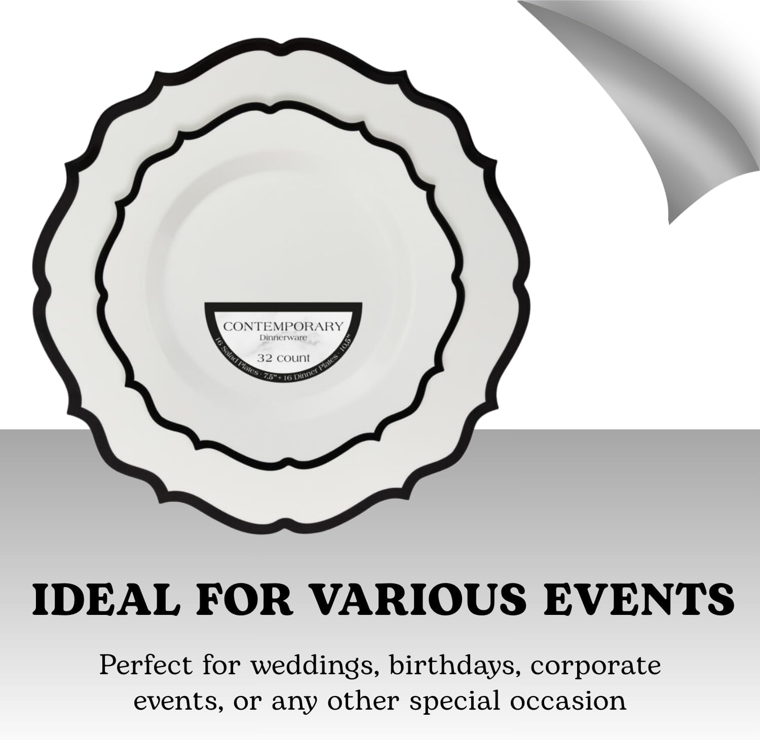 Contemporary Collection Combo White Plates with Black Rim - 7.5" - 10.5" (Pack of 32) - Sleek Modern Design - Perfect for Entertaining & Everyday Use