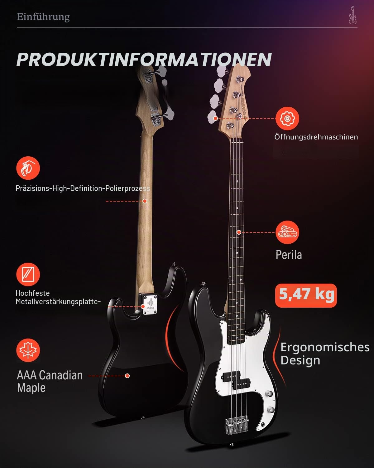 Donner E Bass Gitarre Anfänger Set, 4 Saiten P-Stil Bass Gitarren in voller Größe Elektrobass mit Gitarrentasche, Gitarrengurt und Gitarrenkabel (Schwarz)
