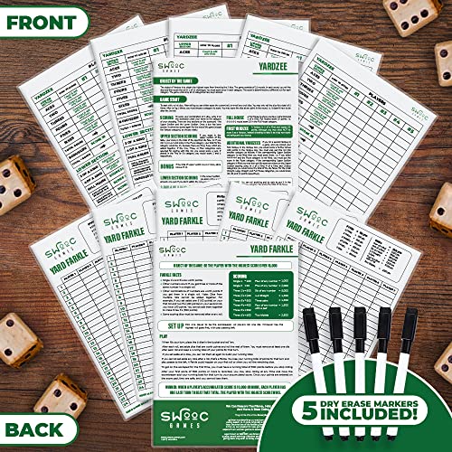 Swooc Games - 5 Big Dry Erase Yardzee & Farkle Score Cards With 5 Markers (11.5In X 8In) | Large Laminated Reusable Pads & Pens For Giant Dice Games | Jumbo Yardzee Score Card And Farkle Score Sheets #TOP2