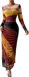 Women Long Sleeve Maxi Dress Bodycon Ruched Formal Slim Fit Tie Dye Dres...