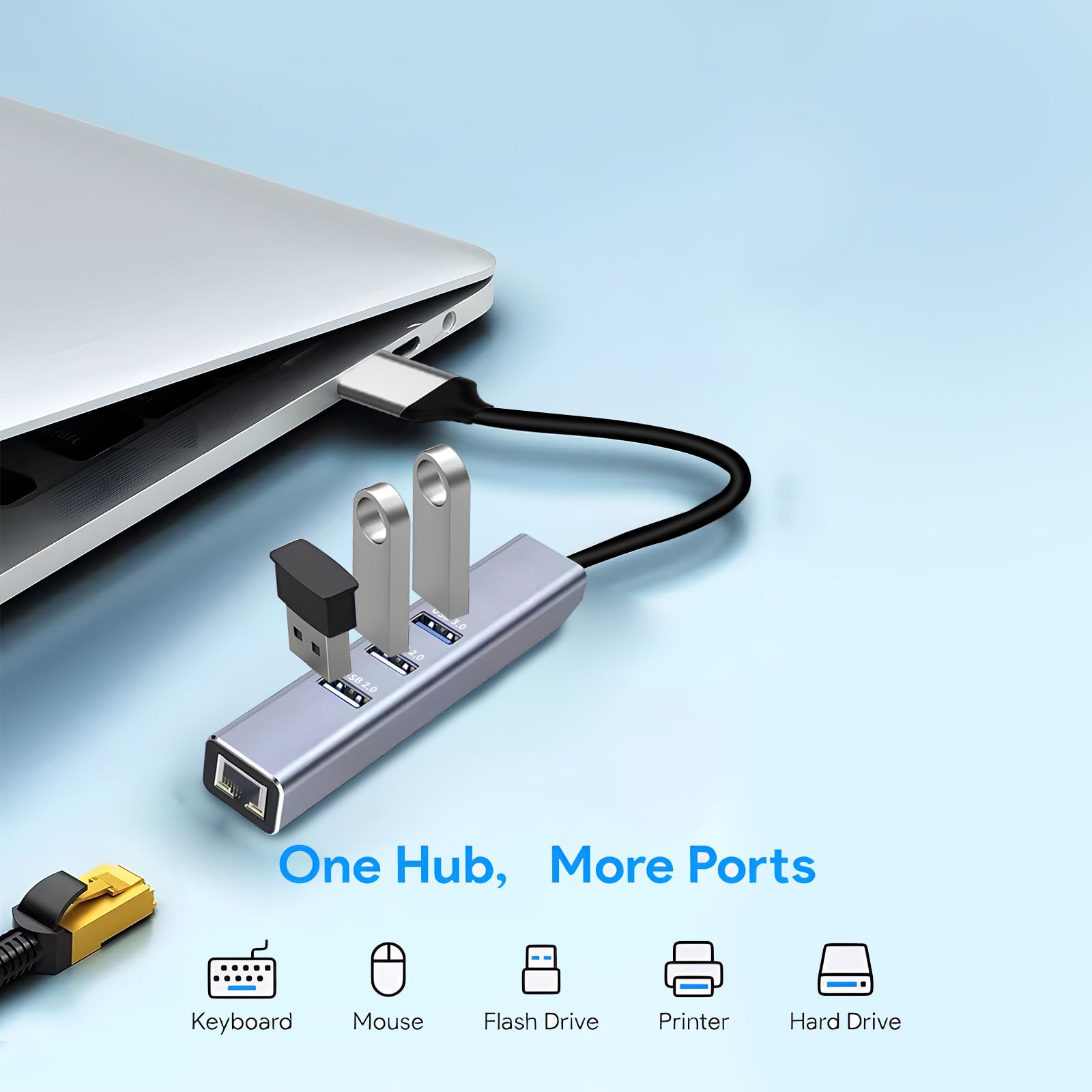 Adaptateur USB vers Ethernet, hub USB 3.0 à 3 ports avec adaptateur Ethernet RJ45 10/100 (2 x USB 2.0 et 2 x USB 3.0) en aluminium, compatible avec iMac, PC, ordinateurs portables Chromebook,