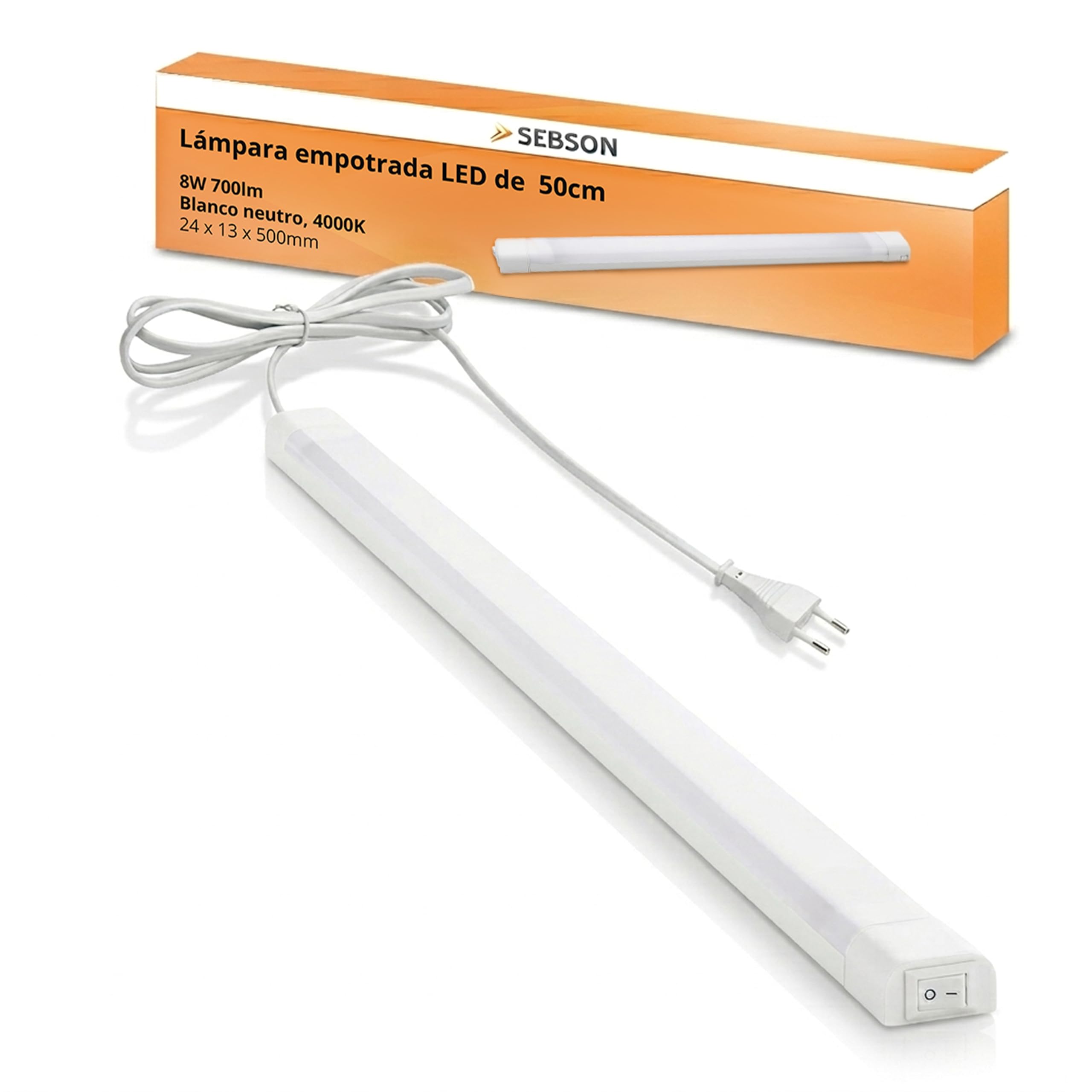 SEBSON® LED bajo mueble 50cm, Tiras de luz con enchufe y interruptor, blanco neutro 4000K, 8W Equivale a 45W, 700 Lumen, 230V, IP20, 24x13x500mm