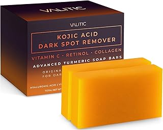VALITIC Barras de jabón eliminadoras de manchas oscuras de ácido kójico con vitamina C, retinol, colágeno, cúrcuma, complejo japonés original infundido con ácido hialurónico, vitamina E, manteca de