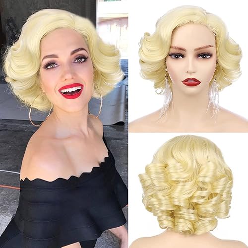 Fancy Hair Curly Short Wigs Curled Bob Wigs Big Curly Lady Side Part Wigs Synthetic Body Wave Wig for Women Cosplay Party Costume Halloween Blonde 10"