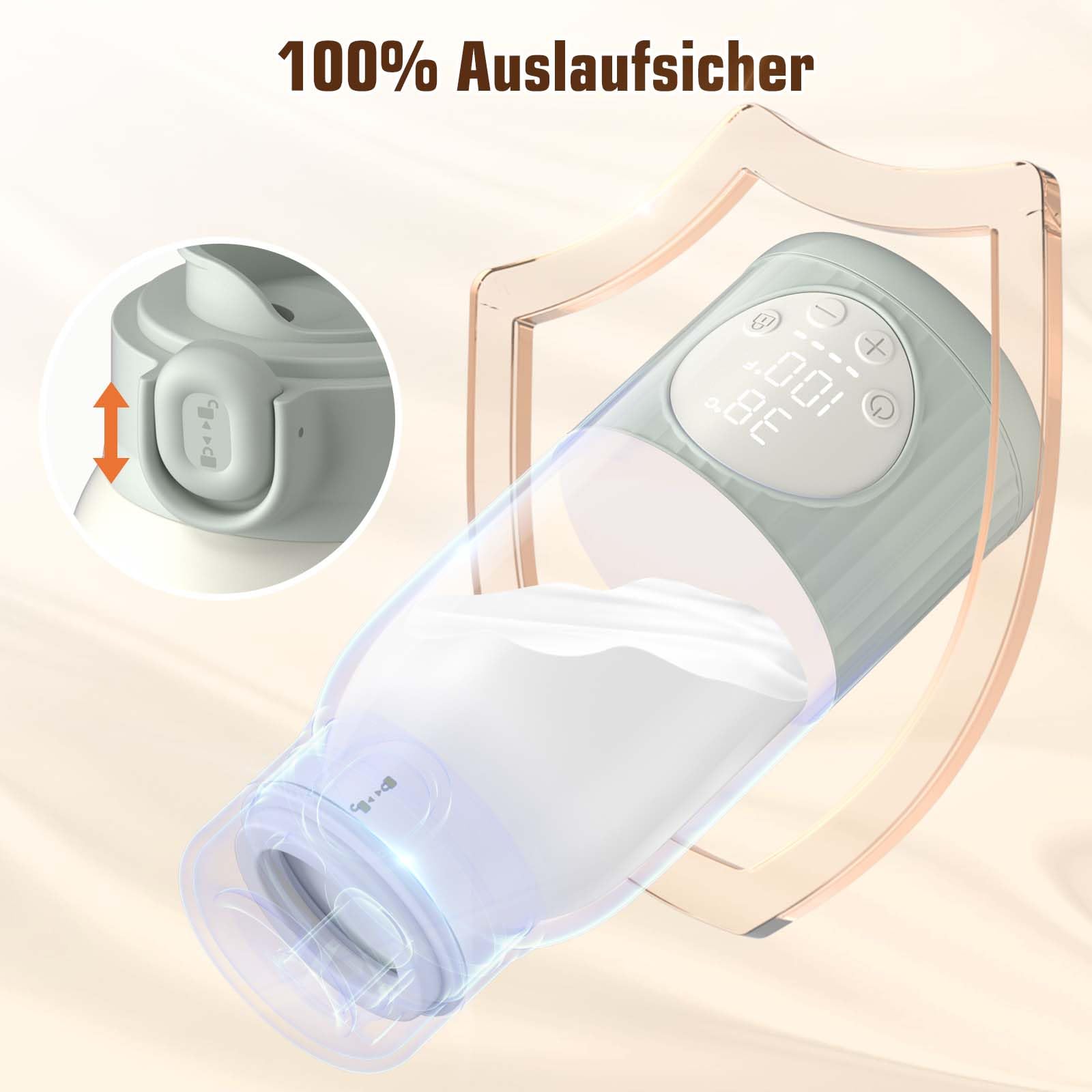 Baby Tragbare Flaschenwärmer für unterwegs für Muttermilch, Formel oder Wasser 380ml große Kapazität, 100W Leistung schnelle Erwärmung & präzise Temperaturkontrolle Milchwärmer für Reisen (Grau)