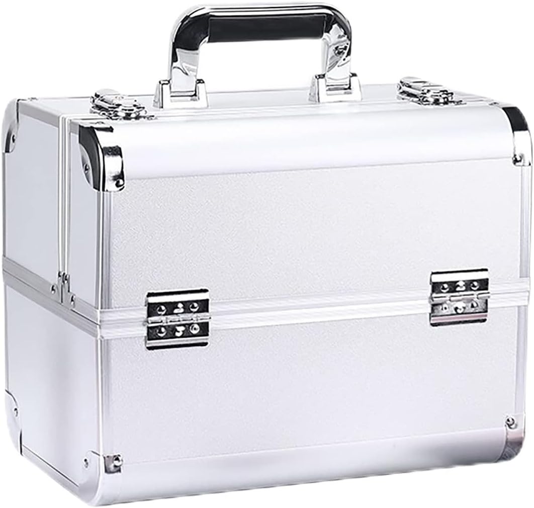 Portable Multi-layer Makeup Case, Large Space Cosmetic Train Case for Beauty, Hairdresser, Nail Art, silver, Casual