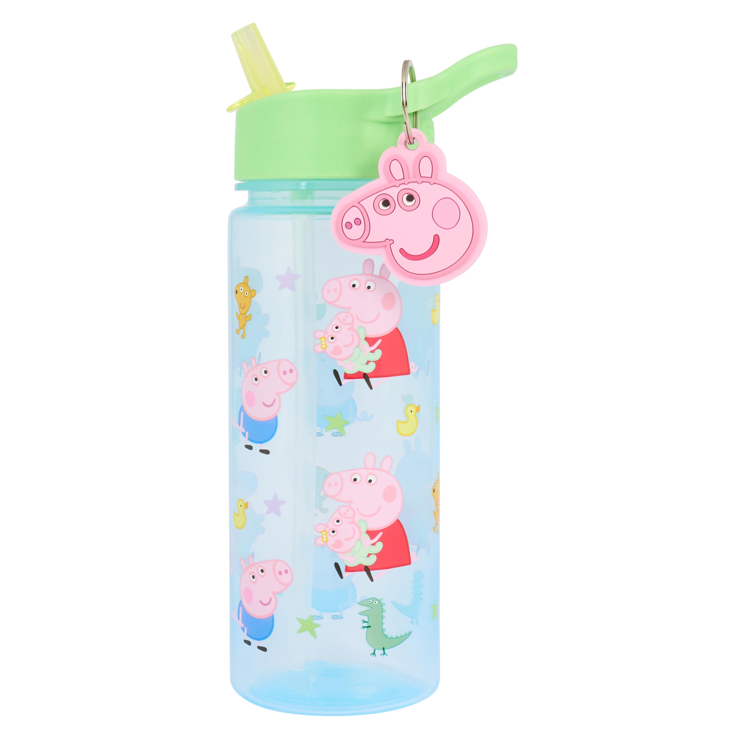 Peppa Pig 500ml Water Bottle with Straw, Green Lid, Character Keyring Charm, Polypropylene Kids Drink Bottle