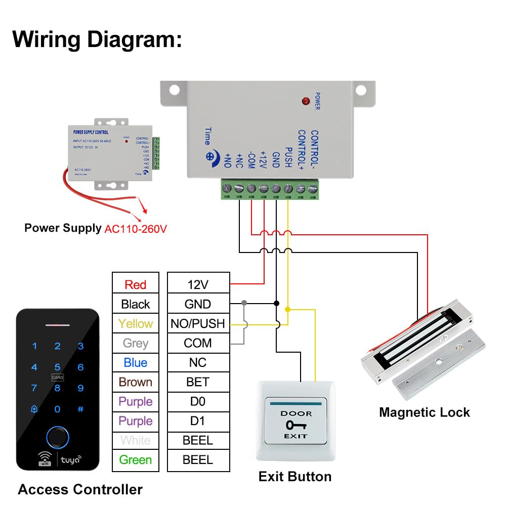 Kit de sistema de control de acceso WiFi Tuya con teclado de huellas dactilares impermeable IP68, bloqueo magnético en modo NC (180 kg/350 libras), 10 llaveros RFID de 125 KHz, fuente de