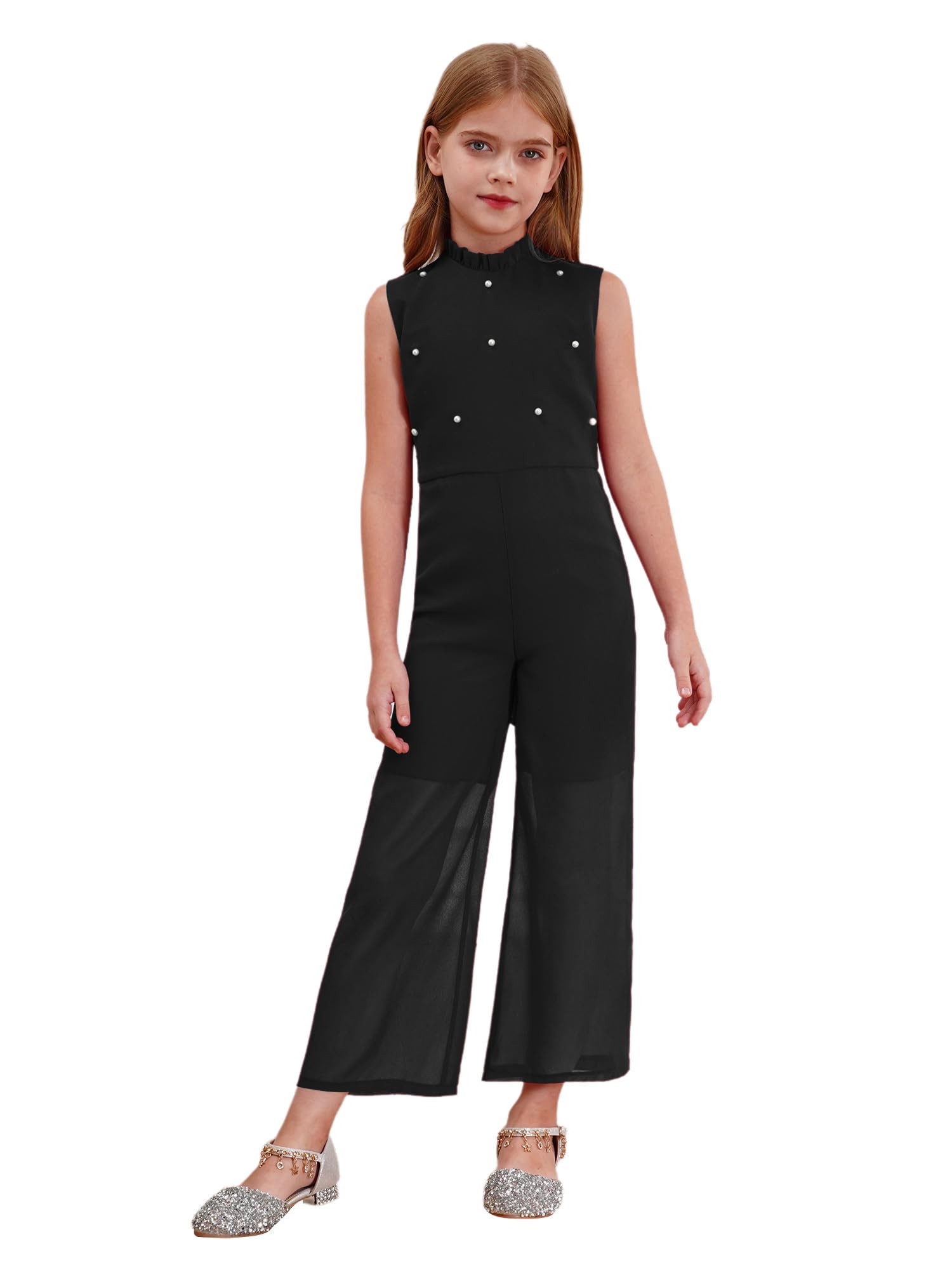 Nyeemya Mono de Verano para Niñas con Perlas Artificiales Mono Causal sin Mangas Pantalones Largos para Cumpleaños Boda 5-16 años