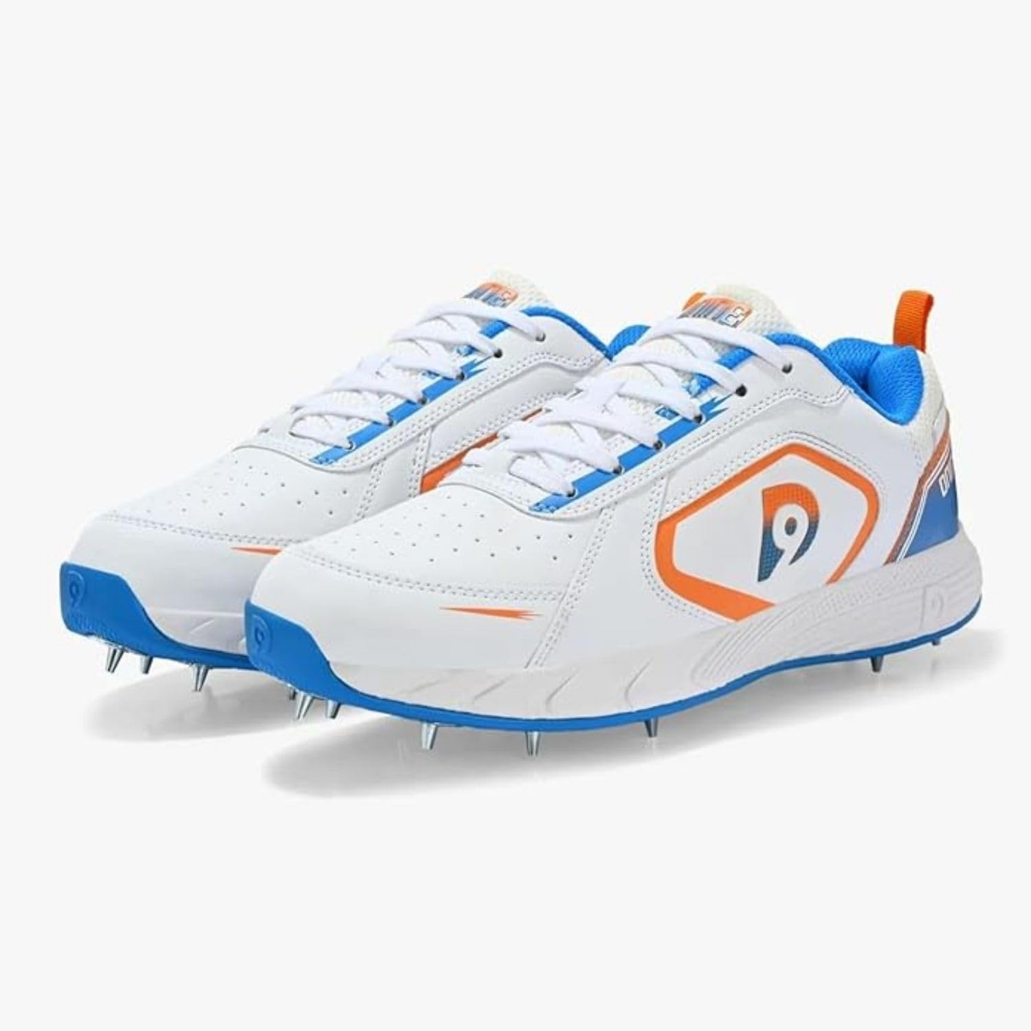 DNINE Thunder Cricket Shoes, Metal Spike, White/Orange/Blue, PU Leather Upper, EVA Midsole-6UK 1