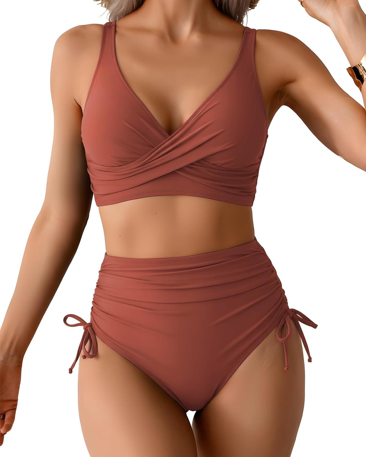 Women's High Waisted Two Piece Swimsuit Twist Front V Neck Push Up Bikini Sets Padded Bathing Suit Swimwear
