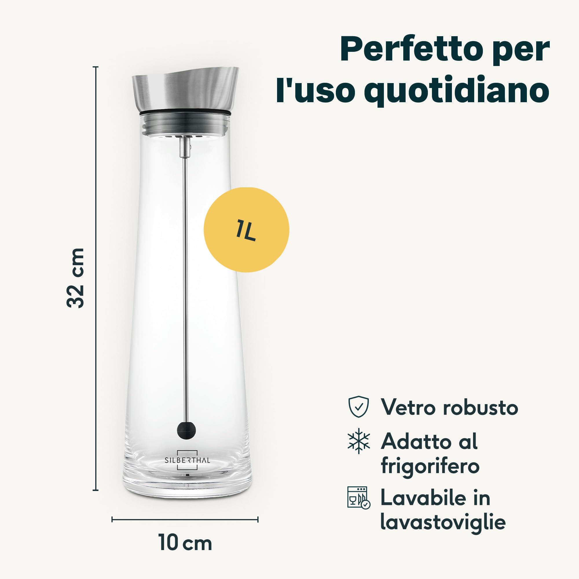 SILBERTHAL Caraffa vetro 1 litro - Per acqua refrigerata e spritz - Brocca con coperchio senza BPA