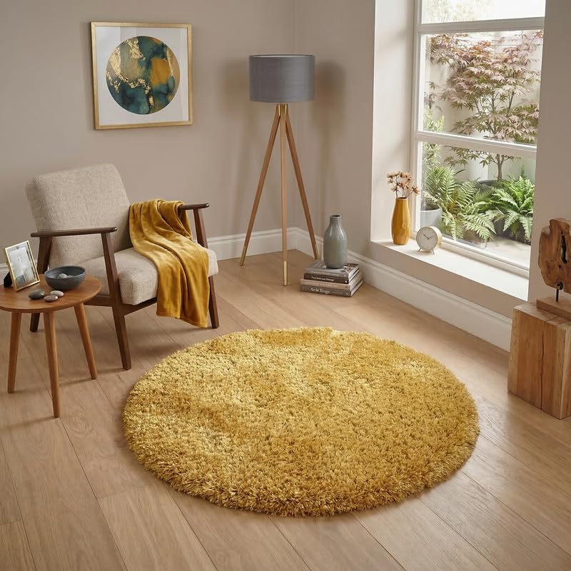 Image of Round Plain Fur Rugs Under Chair 4x4 Feet Microfiber 2 Inch Pile Height Modern Interior Mat Montanna Yellow Color