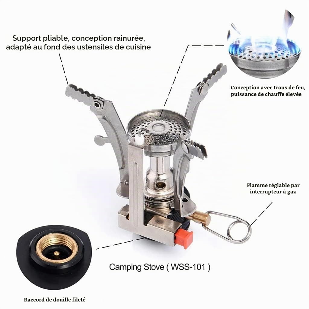 rechaud gaz camping mini réchaud gaz camping portable pliable ultra léger 3000w allumage piézo bivouac randonnée trek voyage pique nique plein air petit réchaud compact léger gazinière camping gaz but