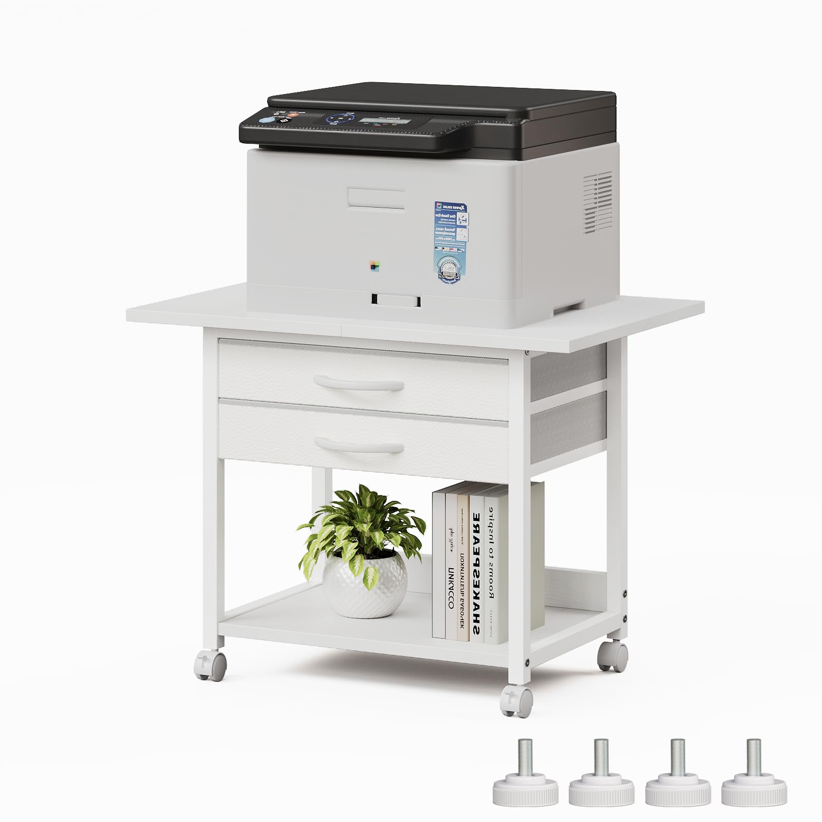Photo 1 of VENNQD Large Printer Stand with Storage Fabric Drawer Under Desk Printer Table with Wheels for Home Office, Printer Cart fit Fax Machine Scanner 23.4"x15.7" (White, 2 Tiers)