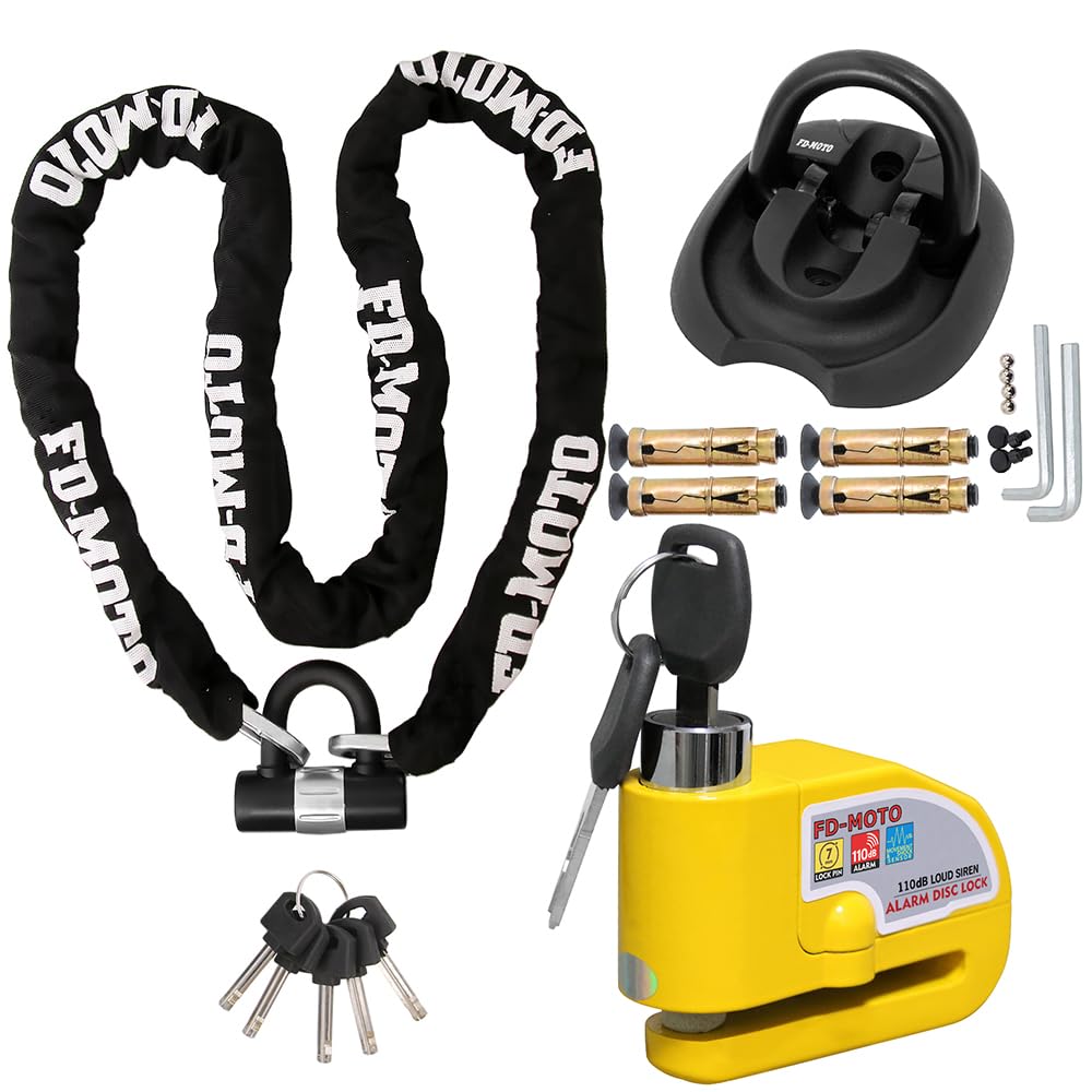 FD-Moto 4.3KG Steel 2M*10mm Chain Lock Padlock + Alarm Brake Disc Lock Yellow + Ground Wall Anchor Heavy Duty for Motorbike Motorcycle Scooter Bike Bicycle ATV