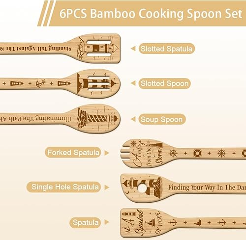 Miniatura 2 de GLOBLELAND Juego de 6 cucharas de cocina de bambú de faro de verano, gaviota, juego de cucharas de cocina grabadas de madera, juego de espátulas de