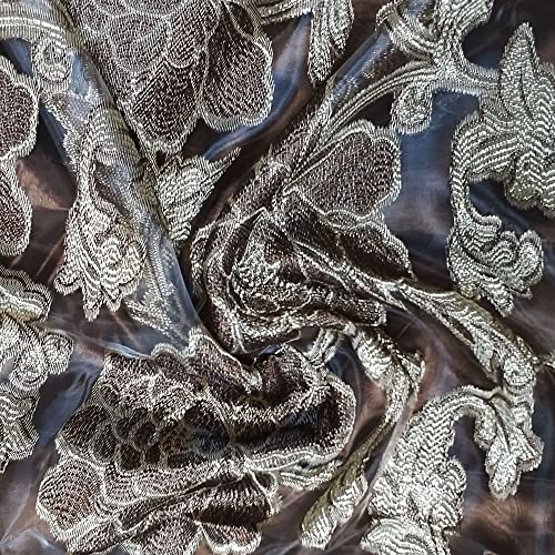 Gohd Royal Rosarium. Clipped Voile/Voile Jacquard Window Curtain Panel Drape With Attached Fancy Valance & Taffeta Backing. 2Pcs Set. Each Pc 54" Wide X 84" Drop + 18" Valance. (Brown) #TOP4