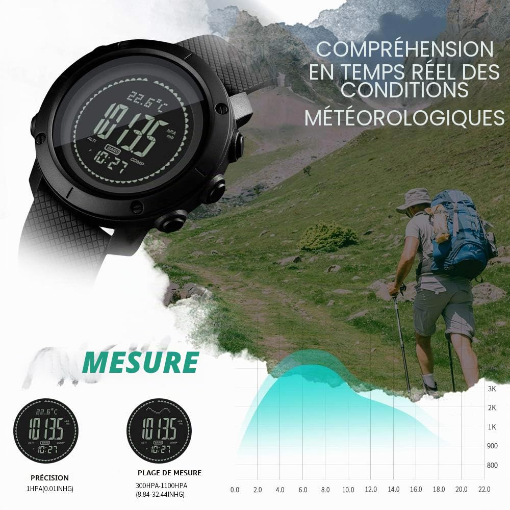 Skmei Montre de Sport numérique pour Homme, podomètre, altimètre, baromètre, température, Militaire, étanche, pour Homme et Femme.