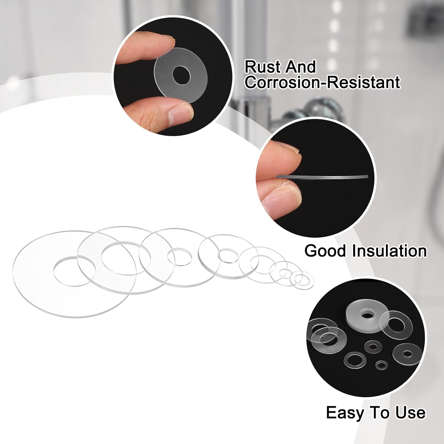 uxcell 80Pcs M10 PVC Clear Flat Washers 10mm ID 30mm OD 1mm Thick Glass Washer Shower Door Gasket for Shower Door Handle Towel Bars, Transparent