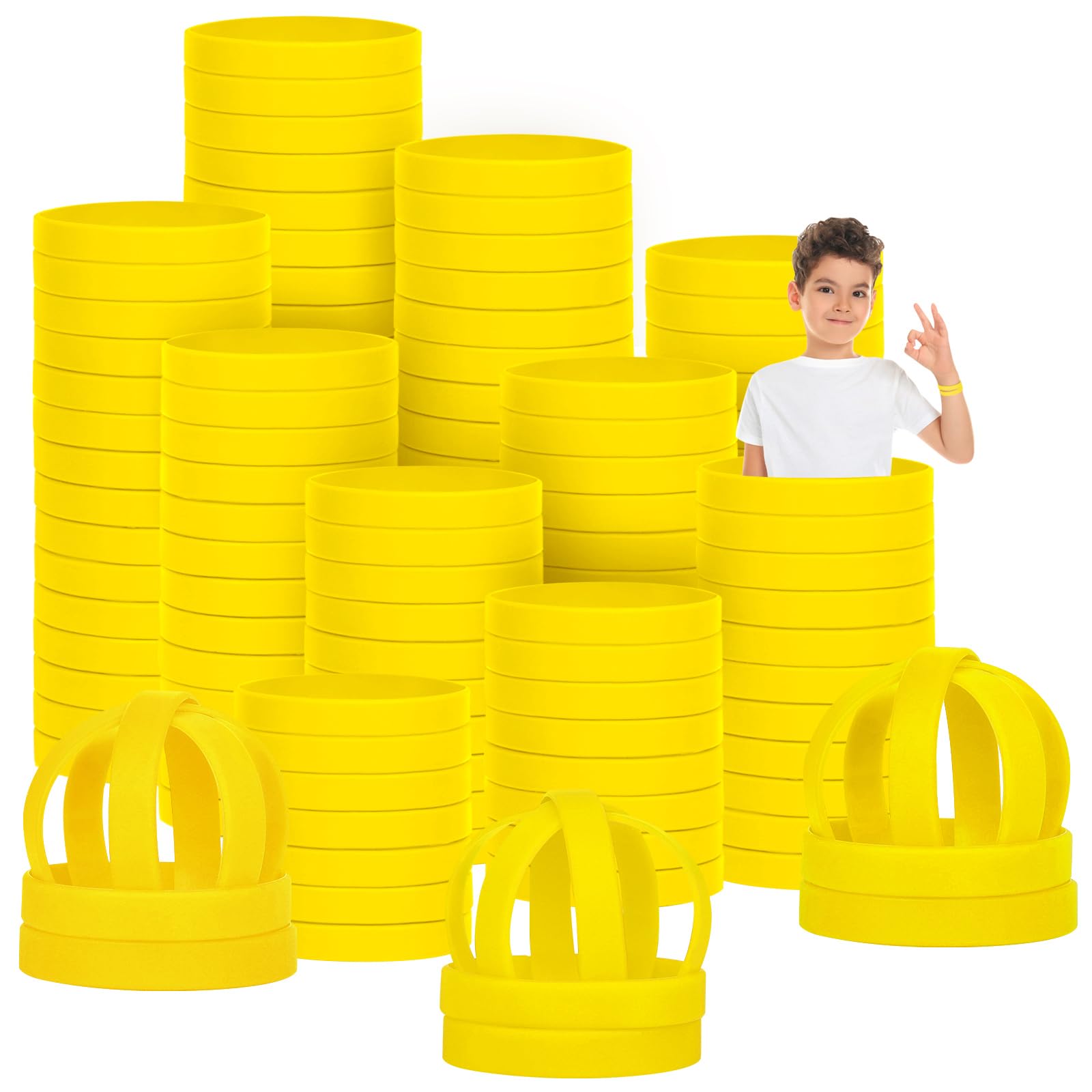LVNRIDS 200 PCS Silicone Wristbands Rubber Bracelets for Kid, 6.3 inch Yellow Silicone Wrist Bands for Business School Activity Party Events Music Festival