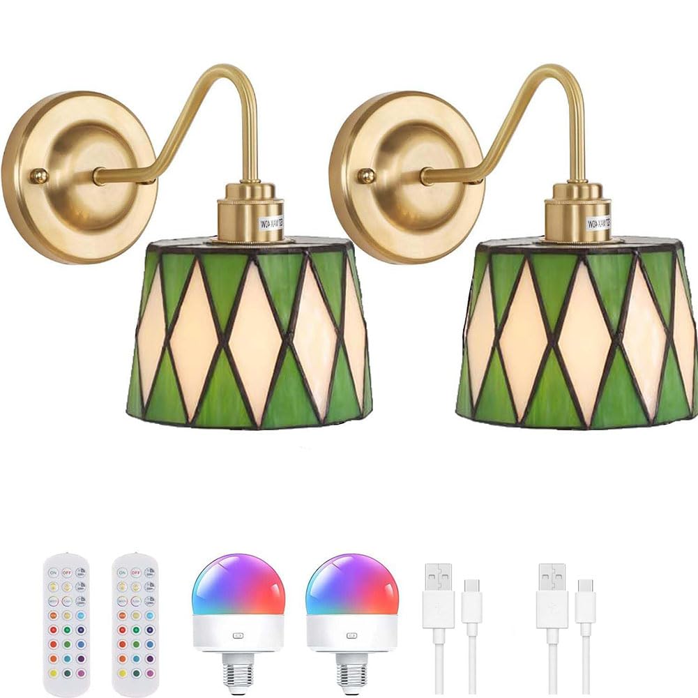 HYJAUSXB Vintage Battery Operated Wall Lamp, Rechargeable Sconce with Remote Control, Dimmable RGB Bedside Night Light