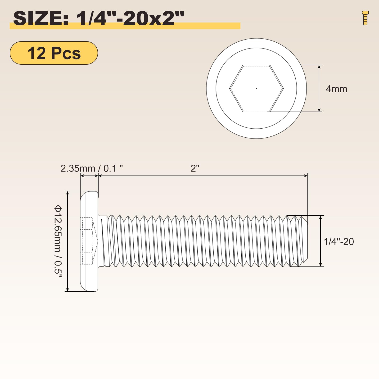 METALLIXITY Flat Head Hex Socket Cap Screws Bolts(1/4"-20x2") 12Pcs, 304 Stainless Steel Hex Socket Furniture Bolts Screws - Image 2