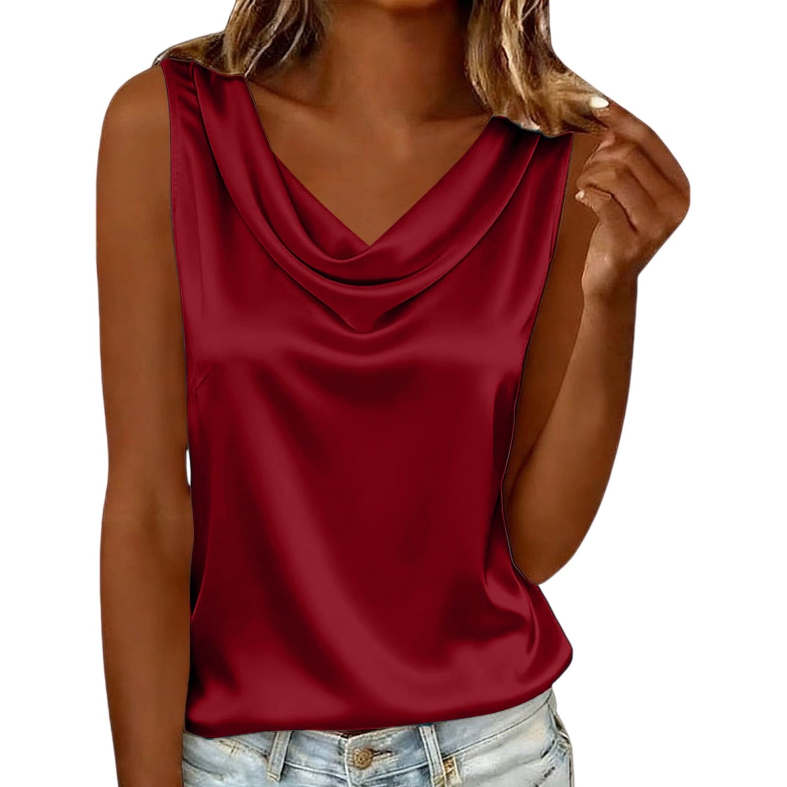 Camiseta sin mangas de satén de color liso con cuello alto para mujer