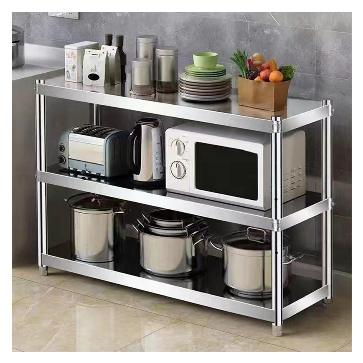 Banco da Lavoro Piano di Lavoro in Acciaio Inox per Cucina Tavolo da Preparazione Inox A 3 Ripiani Scaffalatura per Cucine Commerciali 60x40x80cm