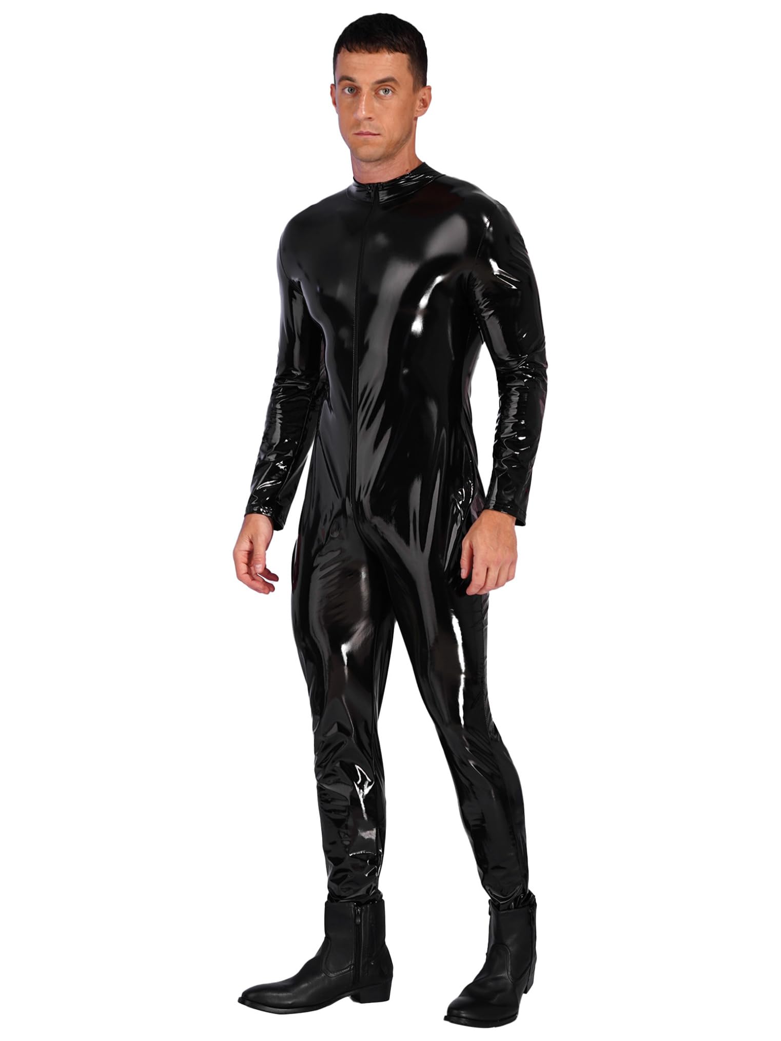 Freebily Body da Uomo Intero Intimo Sexy Hot per Sesso Tute Aderente Catsuit in Vernice con Cerniera Cavallo Wetlook Bodysuit Lucida Manica Lunga Latex Lingerie Erotico