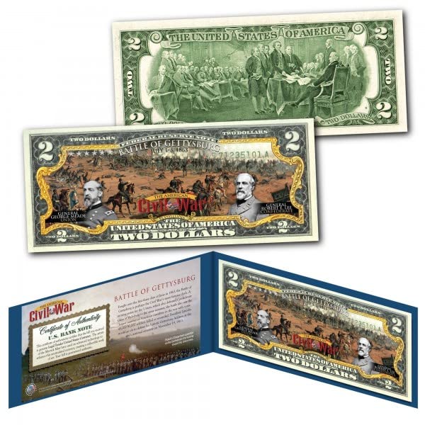 American Civil WAR Battle of Gettysburg Uncirculated Two Dollar Bill Special Edition Collectible Display Holder and Certificate