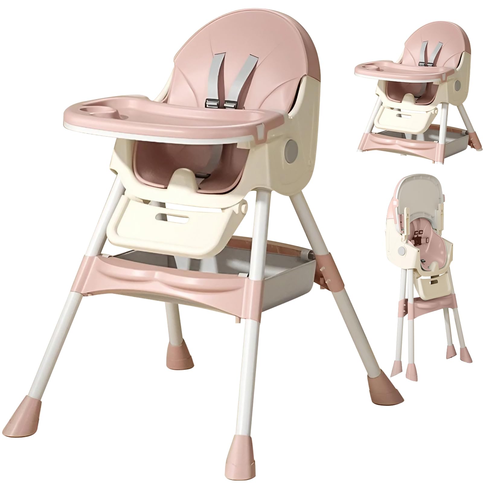 UBRAVOO Trona Evolutiva Bebe Silla de Comedor Plegable 3 en 1 Doble Bandeja de Comida Arnés de Seguridad de 5 Puntos Adecuado Para Niños De 6 a 36 Meses Capacidad de Peso 40KG (Rosa)