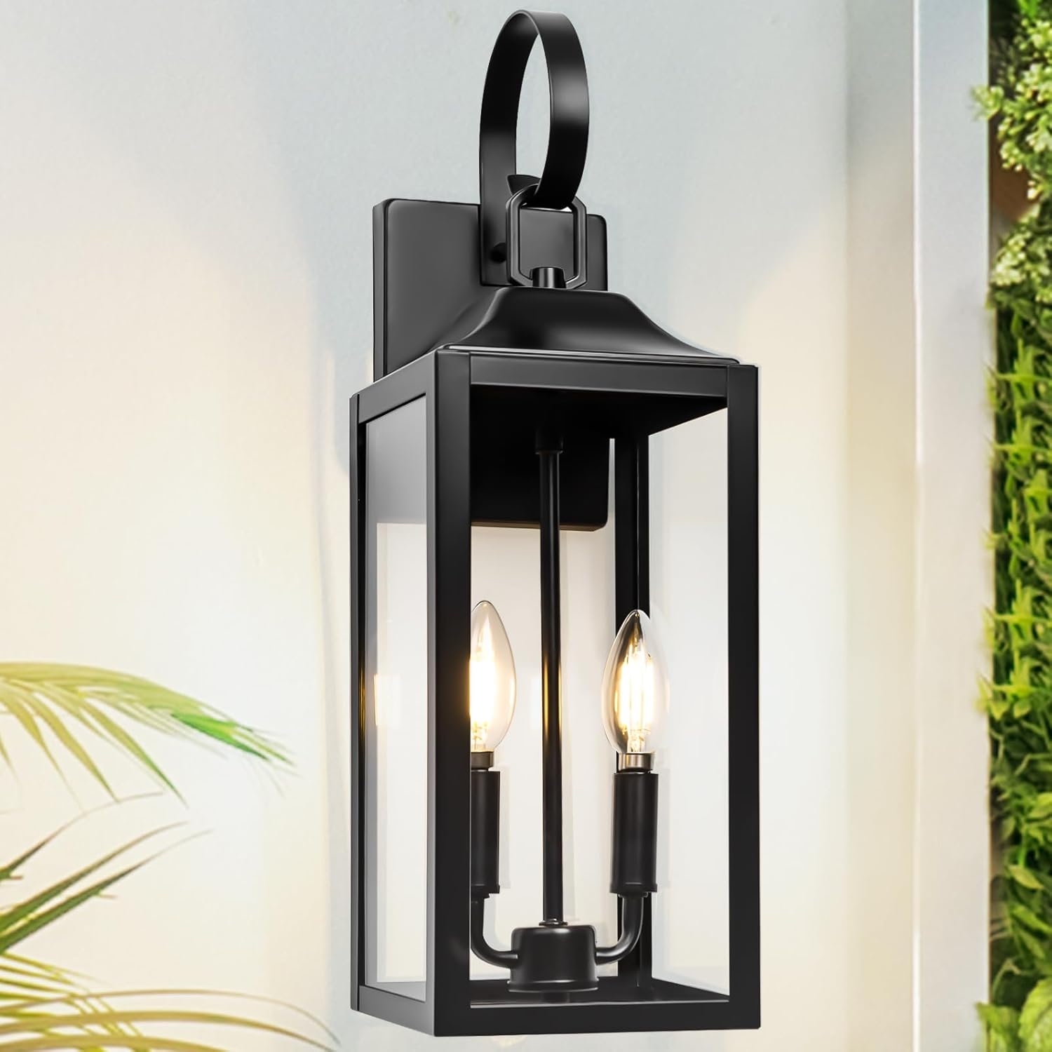 Yolsunes 19" Matte Black 2-Light Outdoor Wall Lantern - Modern Industrial Porch Sconce, Waterproof Farmhouse Exterior Light Fixture