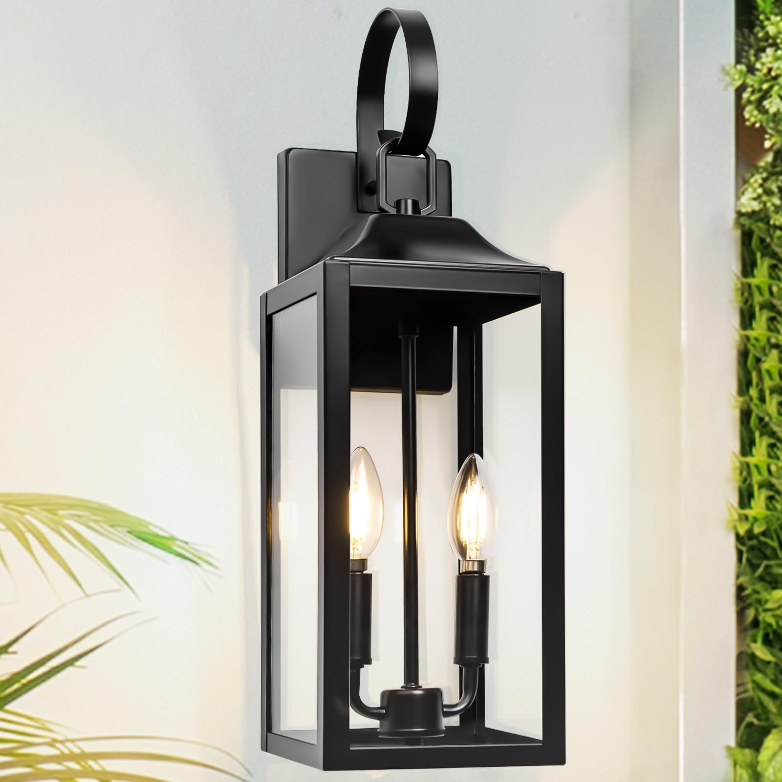 19" Black Outdoor Wall Lantern 2-Light, Large Outside Modern Porch Sconce Light Fixture, Industrial Porch Light Wall Mount with Glass, Waterproof Farmhouse Exterior Lamp Lighting (1 Pack)