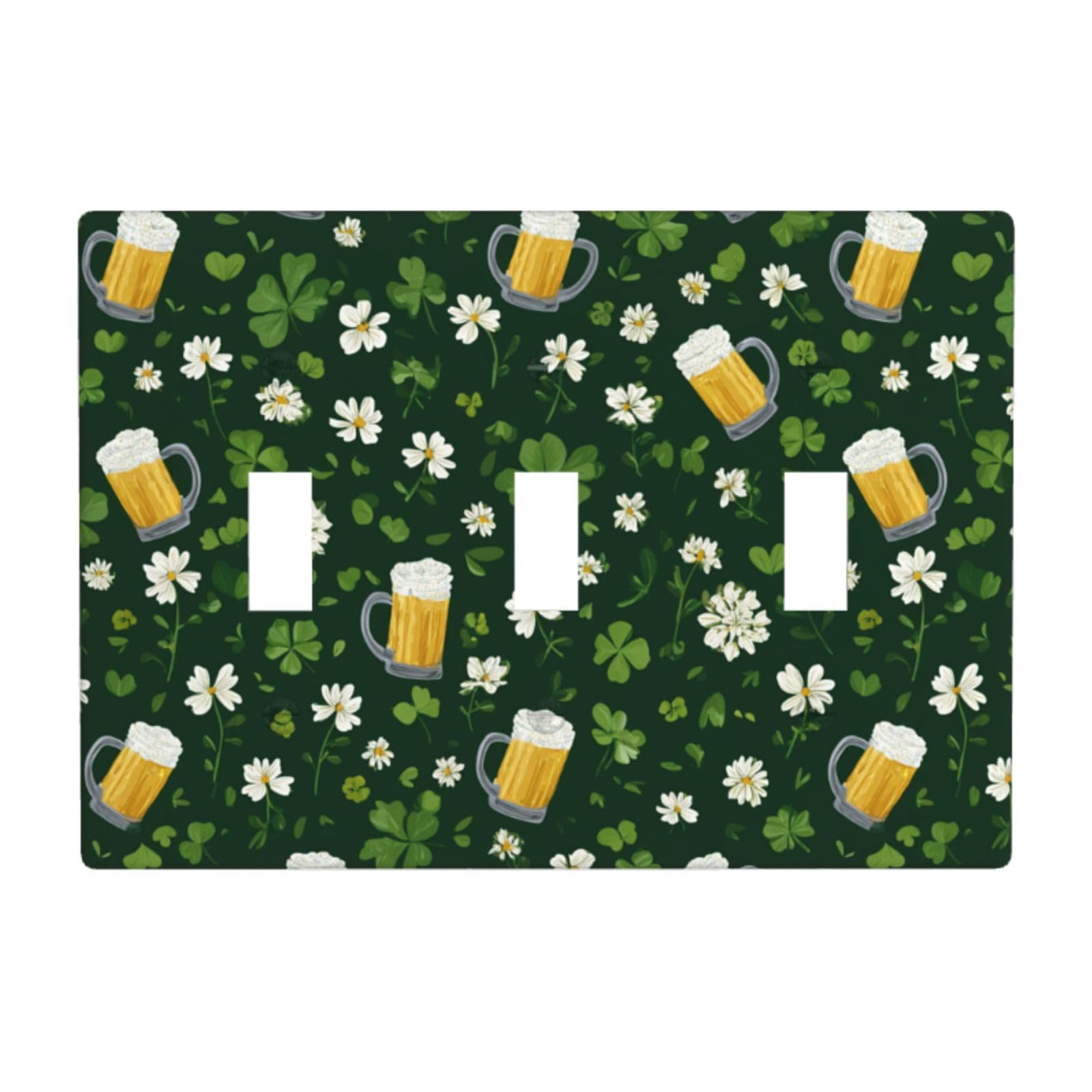 White Clovers and Beer On Green Light Switch Covers 3 Gang Triple Toggle Wall Plate Switchplate Electrical Faceplate for Bathroom Kitchen Bedroom Decor