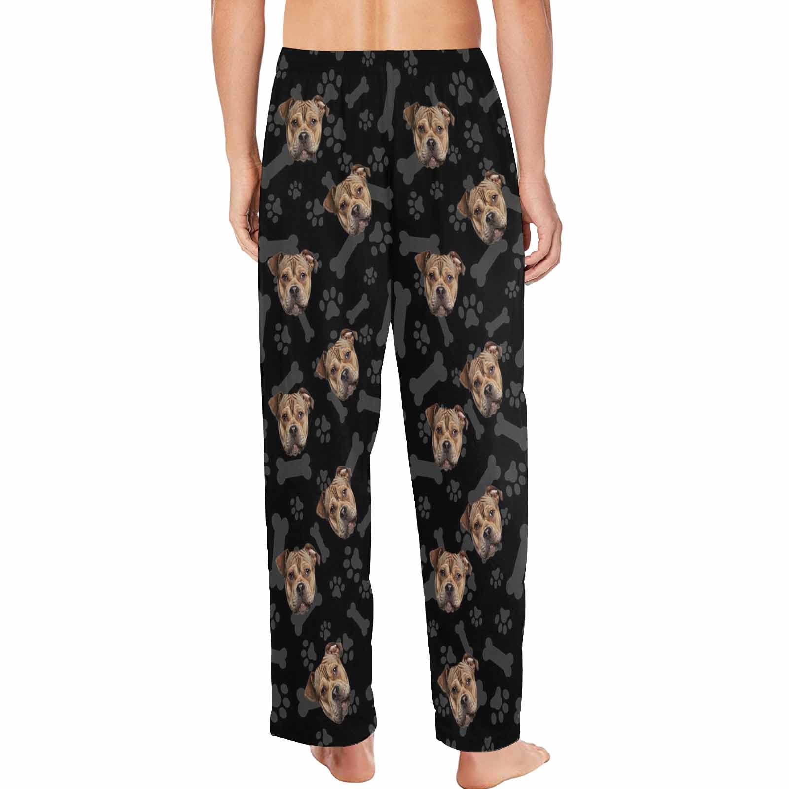MyPupSocks Customized Face Pajamas Pants for Men, Dog Paw Prints Pet Bone Black Pajamas Personalized Pet Sleep Bottoms Funny Dog Picture Sleepwear Nightwear for Christmas L