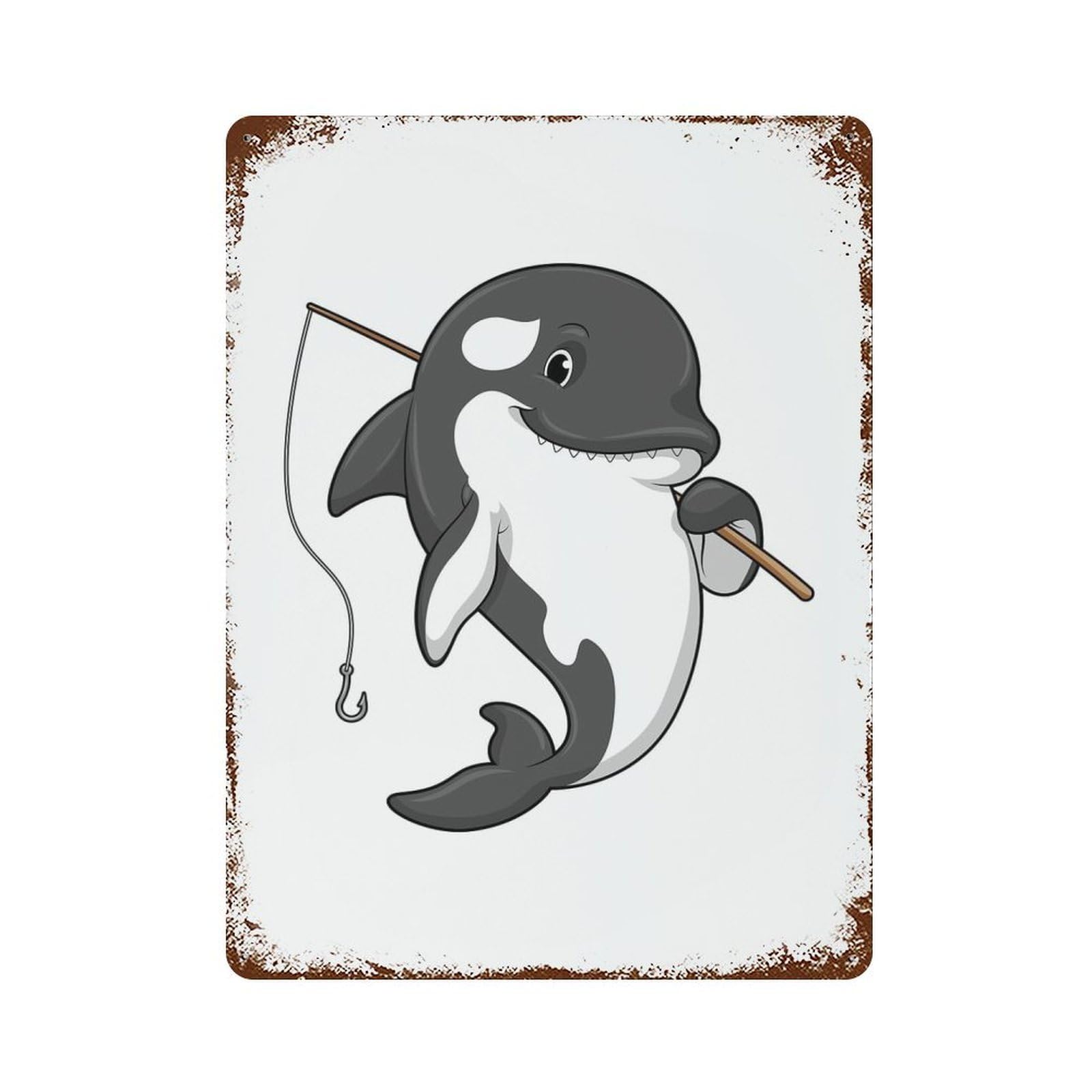 Garage Style Orca Fisher Fishing Rod Distressed Metal Wall Sign 15.7"x11.8", Novelty Wall Decor for Bar And Workshop