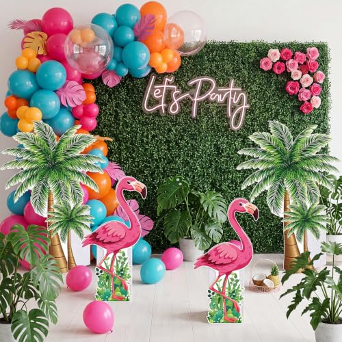 Image of 4 Pcs Hawaiian Party Decorations Set, Summer Flamingo and Coconut Tree Standee for Tropical Luau Birthday Party Beach Backdrop Photo Booth Props