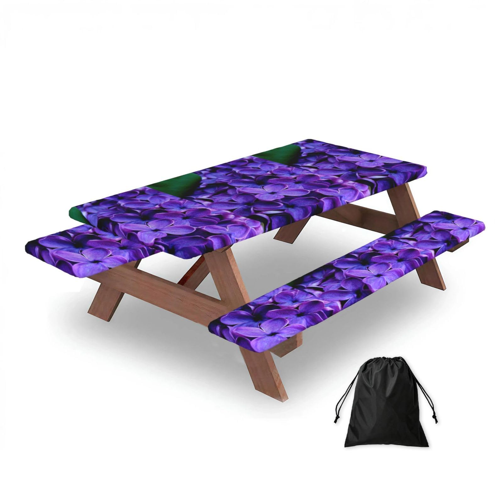 Dopklna As Picture Violet Flower, Picnic Table Cover With Bench Covers -Waterproof Elastic Fitted Tablecloth For Garden Camping Patio 76X152cm