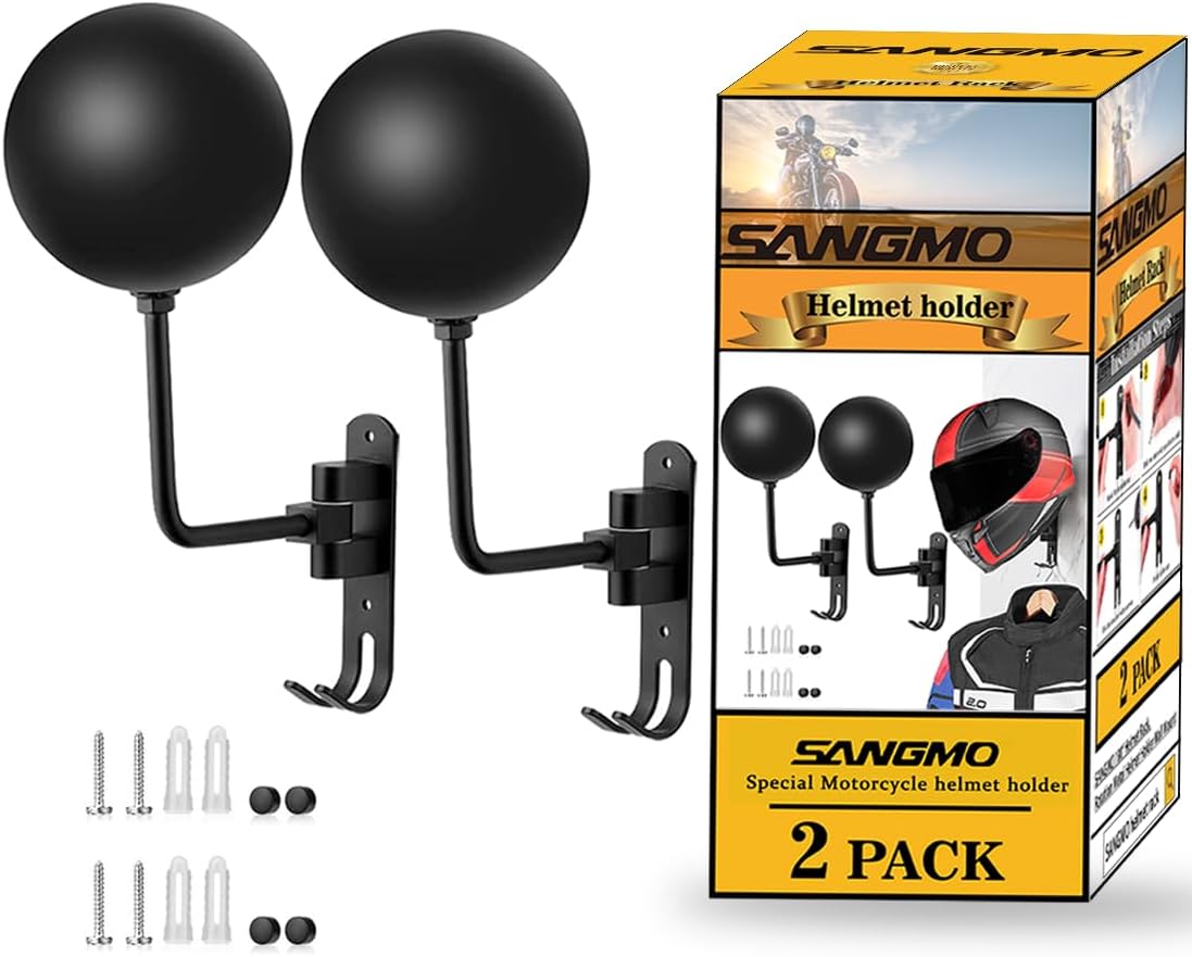 SANGMO 180° Motorcycle Helmet Rack, Rotation Metal Helmet Holder Wall Mounted Helmet Rack Motorcycle with 2 Hooks Helmet Hanger for Motorcycle Bike Coats, Caps, Baseballs and Rugby Helmet (2 Pack)