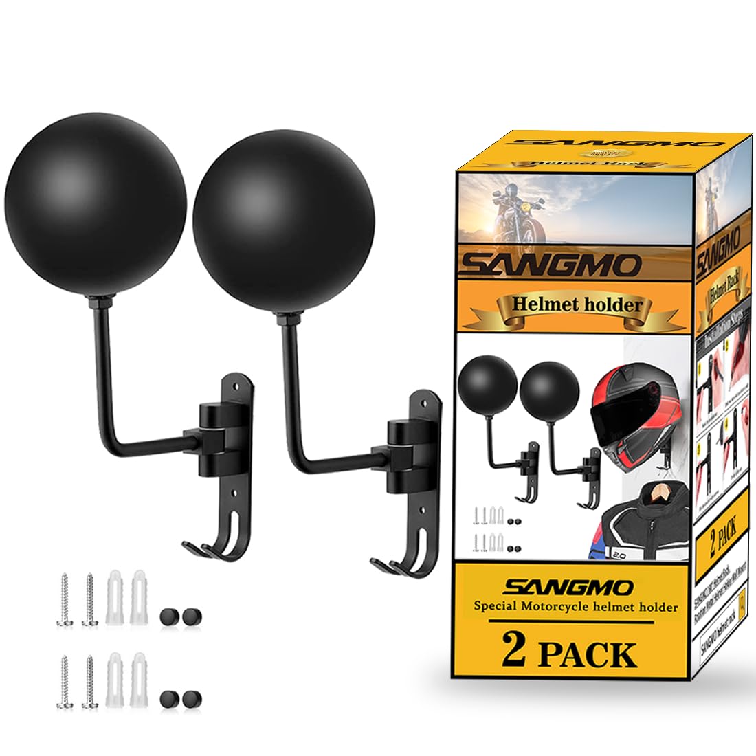 SANGMO 180° Motorcycle Helmet Rack, Rotation Metal Helmet Holder Wall Mounted Helmet Rack Motorcycle with 2 Hooks Helmet Hanger for Motorcycle Bike Coats, Caps, Baseballs and Rugby Helmet (2 Pack)