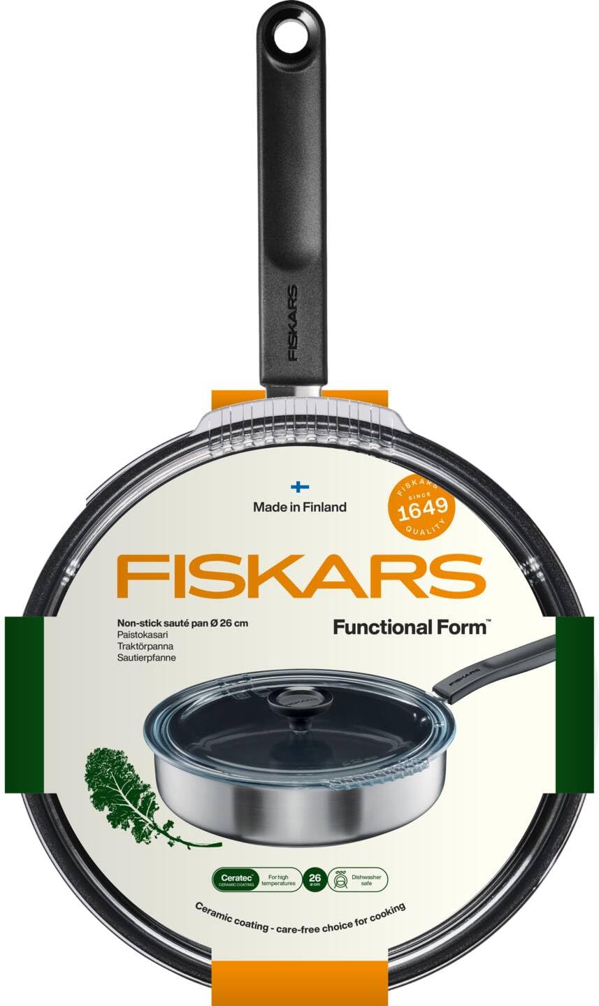 Fiskars Padella con Coperchio, Ø 26 cm, Padella Rivestita, Adatta a Tutti i Piani Cottura, Acciaio Inox Riciclato, Functional Form, Nero, 1072314