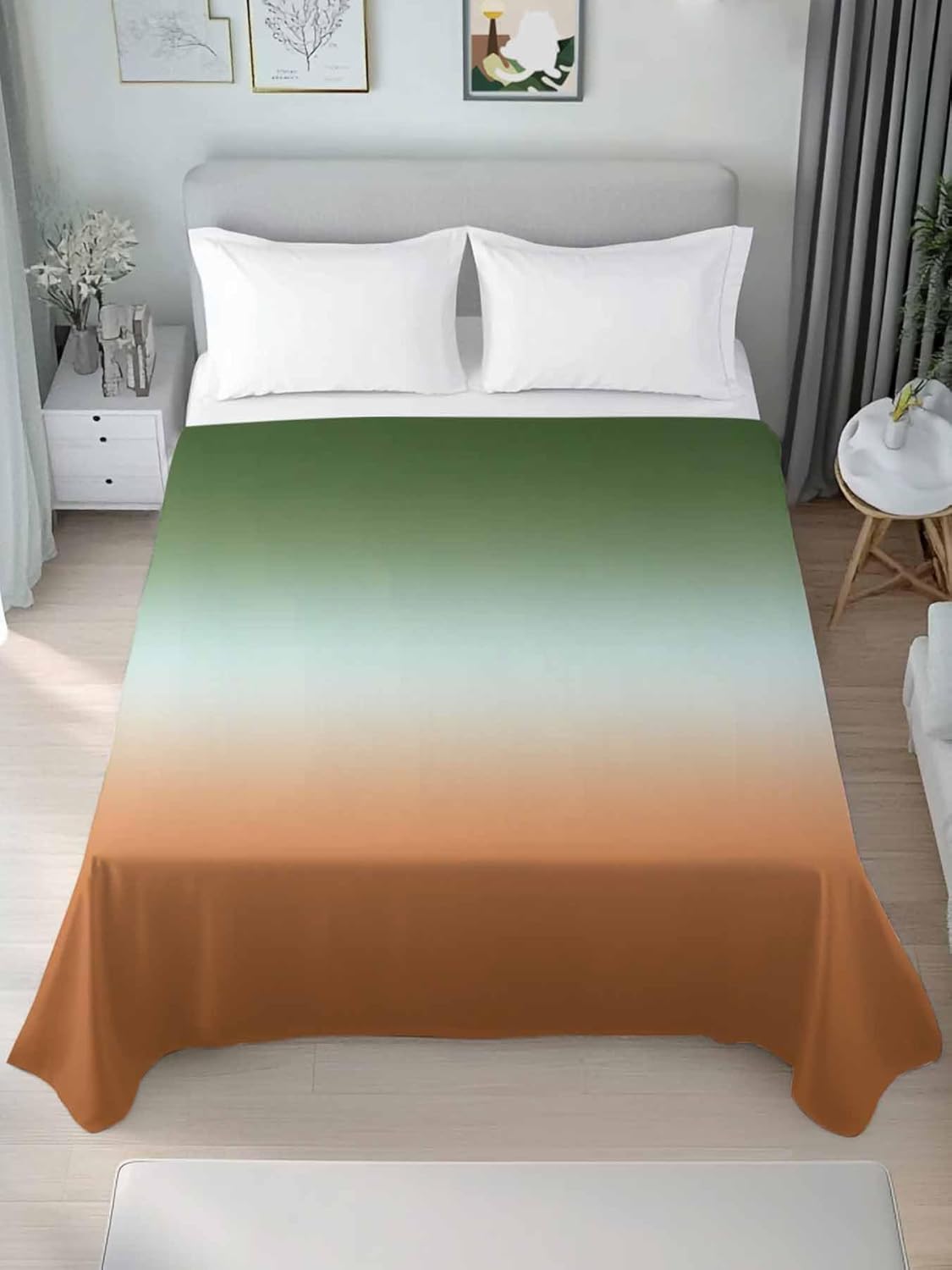 Top Sheet Full Bedding Flat Sheet Only, Sage Green Orange Gradient Microfiber Bed Sheets Soft Breathable Bedding Flat Sheets, Modern Minimalist Style Ombre Hotel Luxury Top Sheets