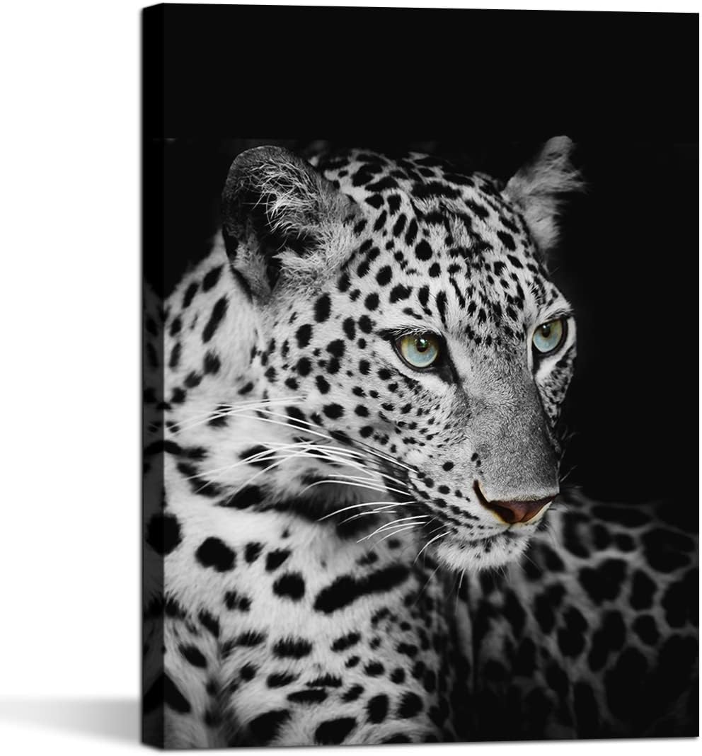 Black and White Leopard Wall Art Paintings Blue Eyed Leopard Prints on Canvas Wild Animals Pictures Poster Giclee Framed Artwork for Living Room Office, Modern Home Wall Decor, 12" x 16" x 1Panle